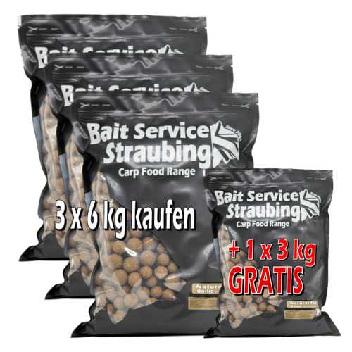 3 + 1 Gratis Deal - 3 x 6 kg Boilie Natural Fish - 18,20 und 24 mm + 1 x 3 kg Natural Fish Boilie GRATIS